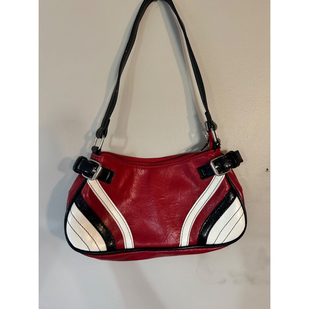 Y2K Red Black White Colorblock Shoulder Bag Faux Leather Buckle Baguette Purse